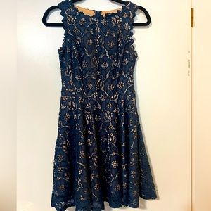 Blue dress with lace overlay and beige under lay.